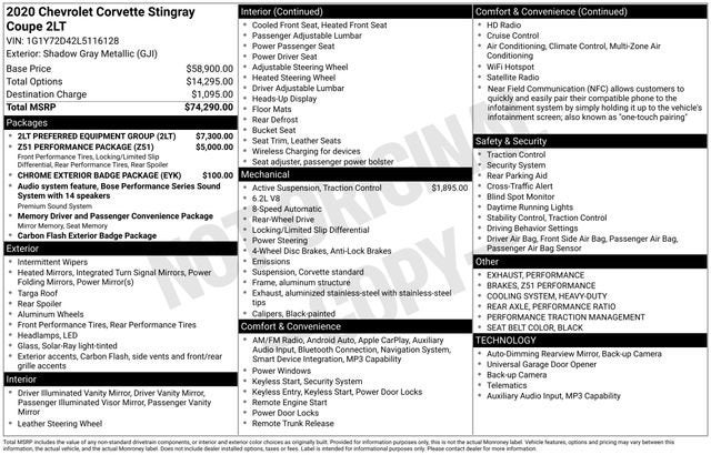 2020 Chevrolet Corvette Stingray 2LT